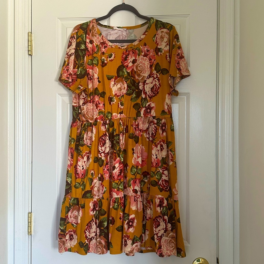 Yellow and Pink Floral Tiered Short-Sleeve Midi Dress